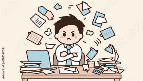 Stressed Office Worker with Messy Desk and Work Overload – Cute Illustration