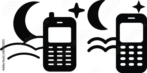 Two black silhouette old mobile phones with moon and stars in the night sky
