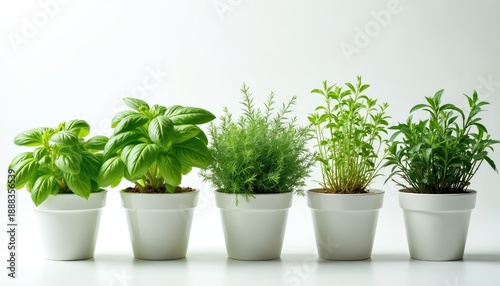 Wallpaper Mural Five potted green herbs stand in white pots against bright clean background. Fresh basil, dill, rosemary, culinary plants ready for use. Healthy cooking ingredients grown indoors for easy access. Torontodigital.ca