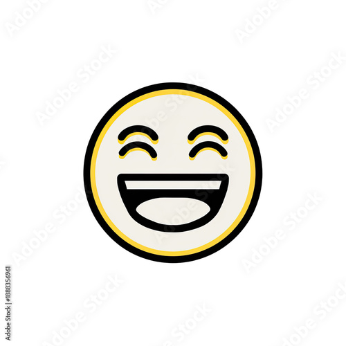 A smiling emoji icon with a white face, yellow border and black background