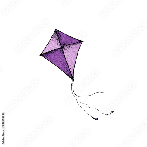 A whimsical hand-drawn illustration of a purple diamond-shaped kite against a stark black background