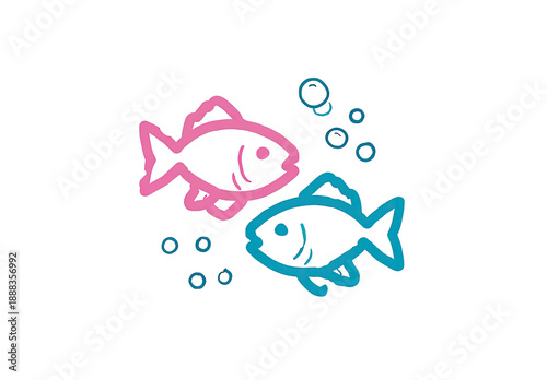 Simple illustration depicts two fish, one pink, one blue, with bubbles on a black background