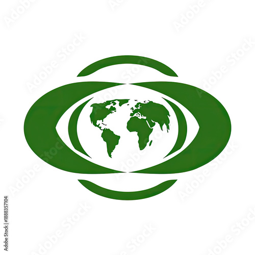 A dark green, stylized depiction of the world embraced by two oval shapes, on a black background