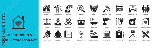 Silhouette vector of Construction and Real Estate Icon Set. icons related to real estate, property, buying, renting, house, home.. 