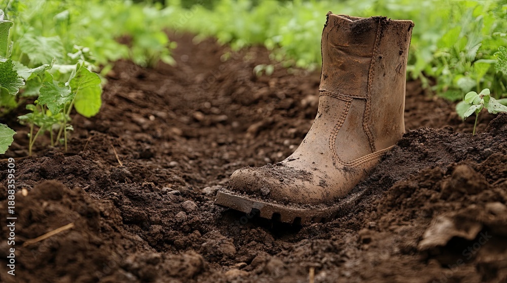 Fototapeta premium Mud-caked boot in a farm field; agriculture work.