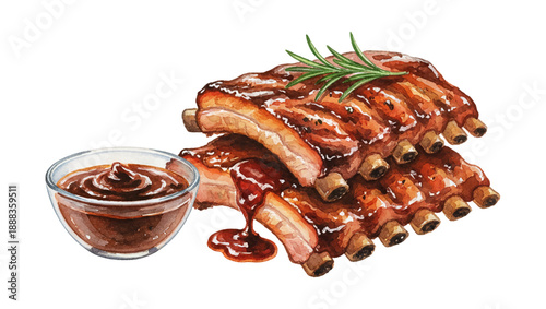 Delicious Barbecue Pork Ribs Glazed with Sauce and Rosemary Garnish Served with Dipping Sauce