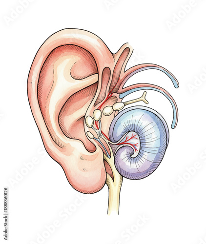Detailed human ear anatomy internal structure illustration showing cochlea and outer ear medical diagram watercolor style