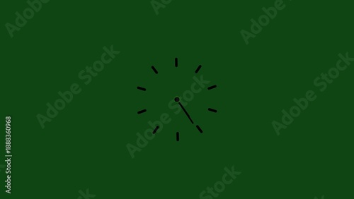 Simple black clock face with twelve black tick marks and a single black hand pointing to approximately 4:10 against a solid deep green Generate title without using the word 