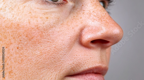 Close-up of a woman's face showing freckles, skin texture, and pores.