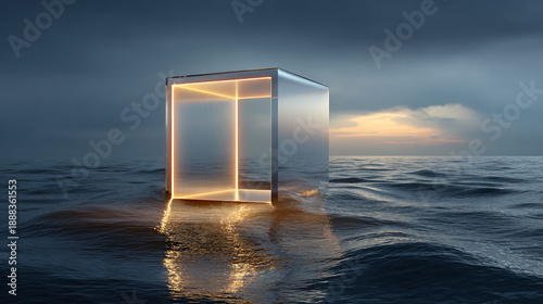 Wallpaper Mural Glowing Transparent Cube Floating On Ocean At Sunset Torontodigital.ca