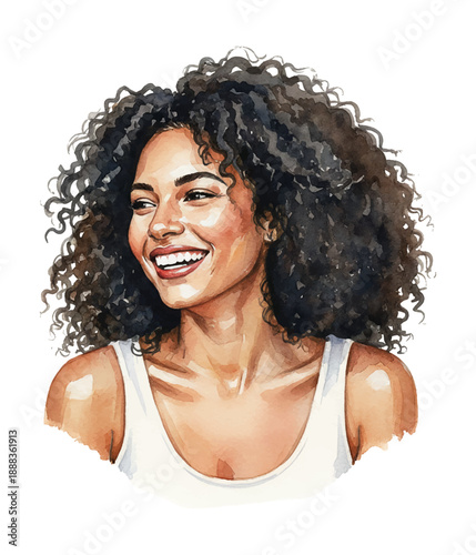 Joyful African American Woman with Curly Hair Smiling Cheerful Wearing White Tank Top Looking Away