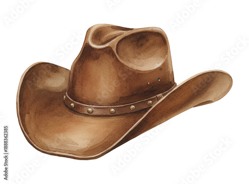 Brown Cowboy Hat with Studded Leather Band Watercolor Painting Isolated on White Background