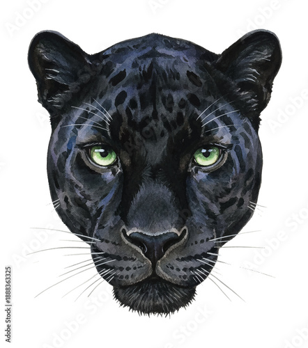 Majestic Black Panther Head with Piercing Green Eyes Staring Directly Forward Detailed Watercolor Painting