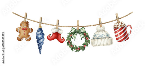 Festive Christmas holiday decorations collection gingerbread man cookie wreath hat mug elf shoes and ornament hanging