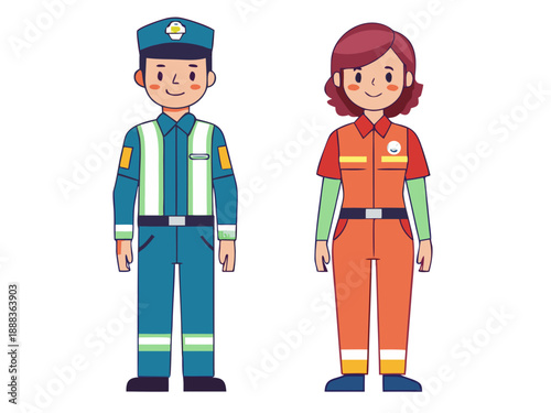 Vector flat illustration set of line art female and male paramedic emergency medicals in uniform poses