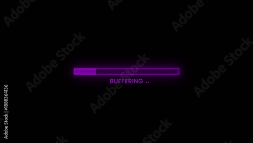 Vivid purple neon buffering bar with text and dots centered on a dark black canvas representing digital loading or data stream buffering in Generate title without using the word 