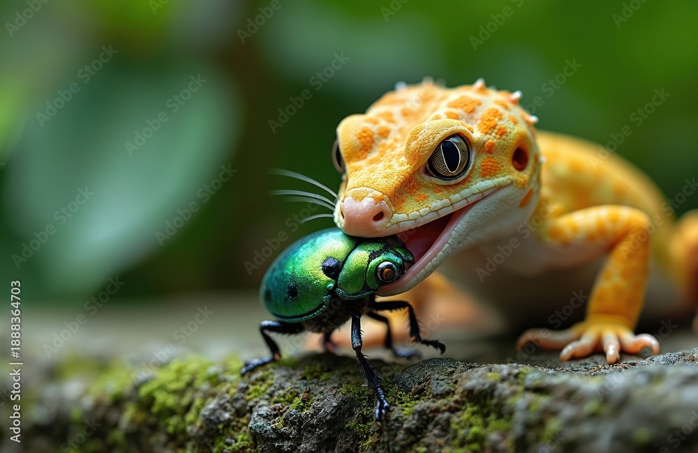 Fototapeta premium Orange spotted gecko reptile hunts green jewel on mossy rock. Close-up macro nature view of lizard eating insect in wild outdoors. Animal wildlife feeding scene.