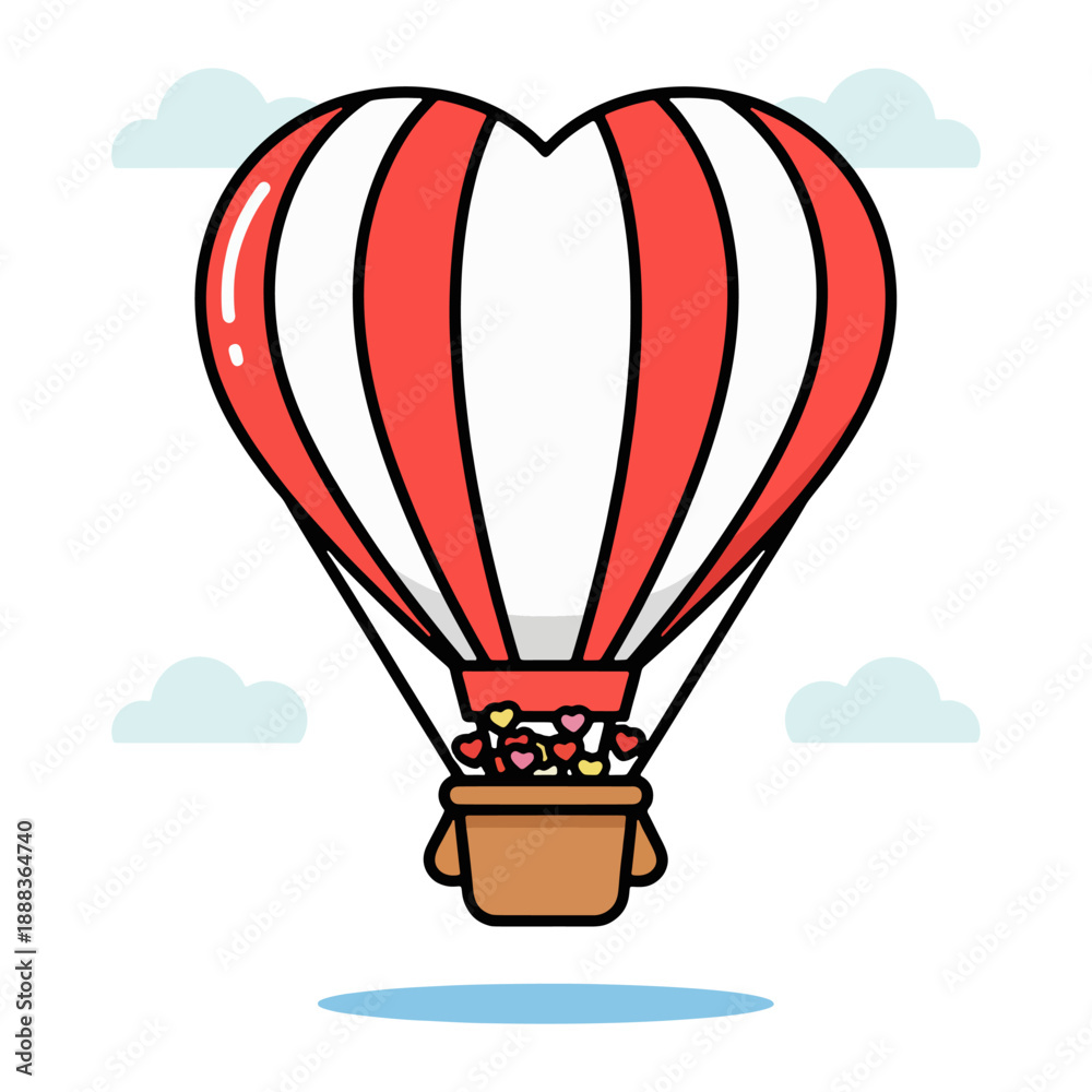 Fototapeta premium Romantic heart air balloon flying with a heart air balloon basket for a heart air balloon adventure on Valentine's Day, vector illustration.