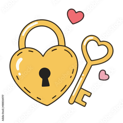 Heart lock and key golden vector icon, romantic heart lock and key symbol of love, security heart lock and key for valentines day.