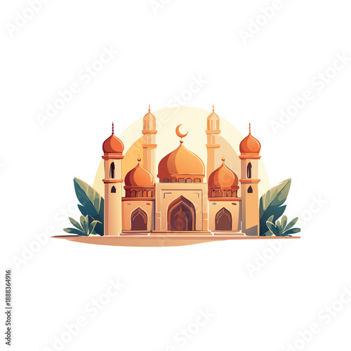 Vector illustration of a Taj Mahal mosque and orthodox cathedral castle landmark featuring a religion dome and architecture tower silhouette icon for travel and city monument design