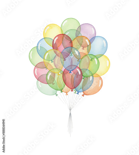 A vibrant cheerful bunch of translucent watercolor balloons in various colors festive and bright