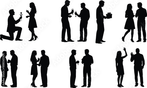 Business people silhouettes showing proposal, celebration, gifting, conversation, greeting, and networking scenes, professional social interactions, teamwork moments, corporate relationships, 