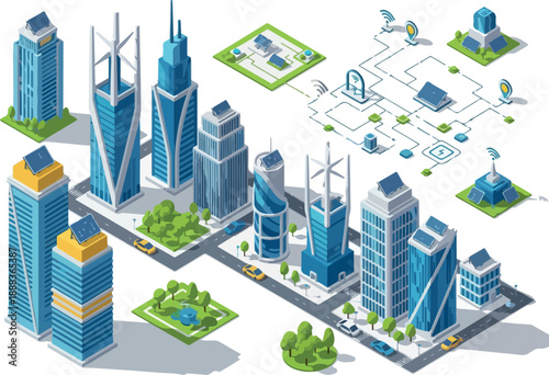 Isometric Cityscape with Modern Skyscrapers and Green Spaces