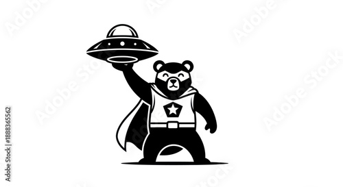 Superhero bear holding a flying saucer illustration in black and white