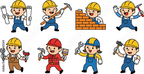 Cute construction worker cartoon characters performing building tasks with tools, happy builders in different poses, construction industry concept, teamwork illustration isolated on white background
