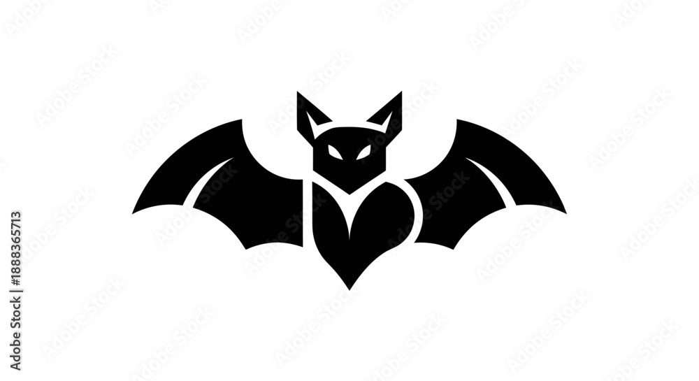 Fototapeta premium Symmetrical black bat icon with outstretched wings against a white background