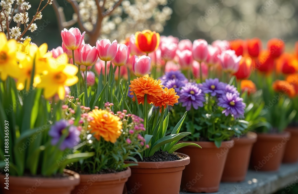 Fototapeta premium Colorful spring flowers like tulips and daffodils grow in brown clay pots. Garden border displays vibrant assortment of blossoms in row, creating lively outdoor display with fresh green foliage.