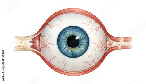 Detailed anatomical illustration of human eyeball with blue iris optic nerve and surrounding blood vessels