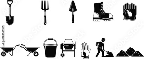 Gardening and construction tools icon set including shovel, fork, trowel, wheelbarrow, gloves, boots and worker silhouettes, black and white flat illustration design