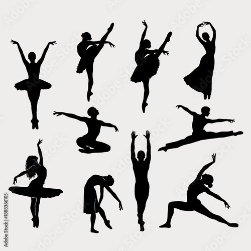 Ballet and Modern Dance Silhouettes Set: Dynamic Dancers in Various Poses