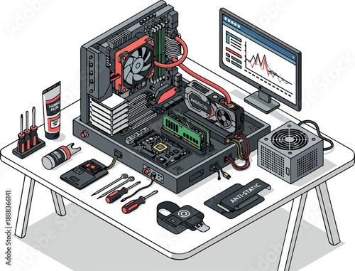 Isometric Illustration of Computer Repair and Component Arrangement