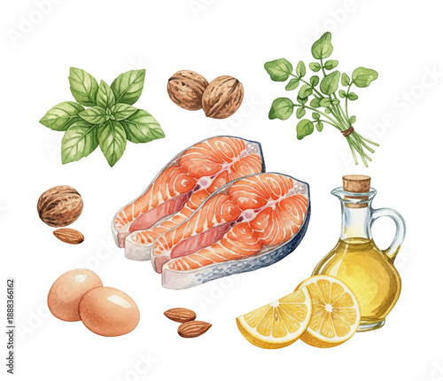 Healthy Food Ingredients Collection with Salmon Fillets Eggs Lemon Olive Oil Nuts and Fresh Herbs Watercolor Illustration