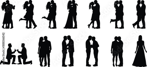 Romantic couple silhouettes set showing love moments including kissing hugging proposal and wedding poses, relationship concept collection, black and white vector illustration