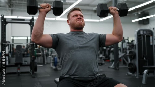Seated man male adult seated shoulder dumbbell weight strength lifting press overhead focused athletic workout muscular arms determination building