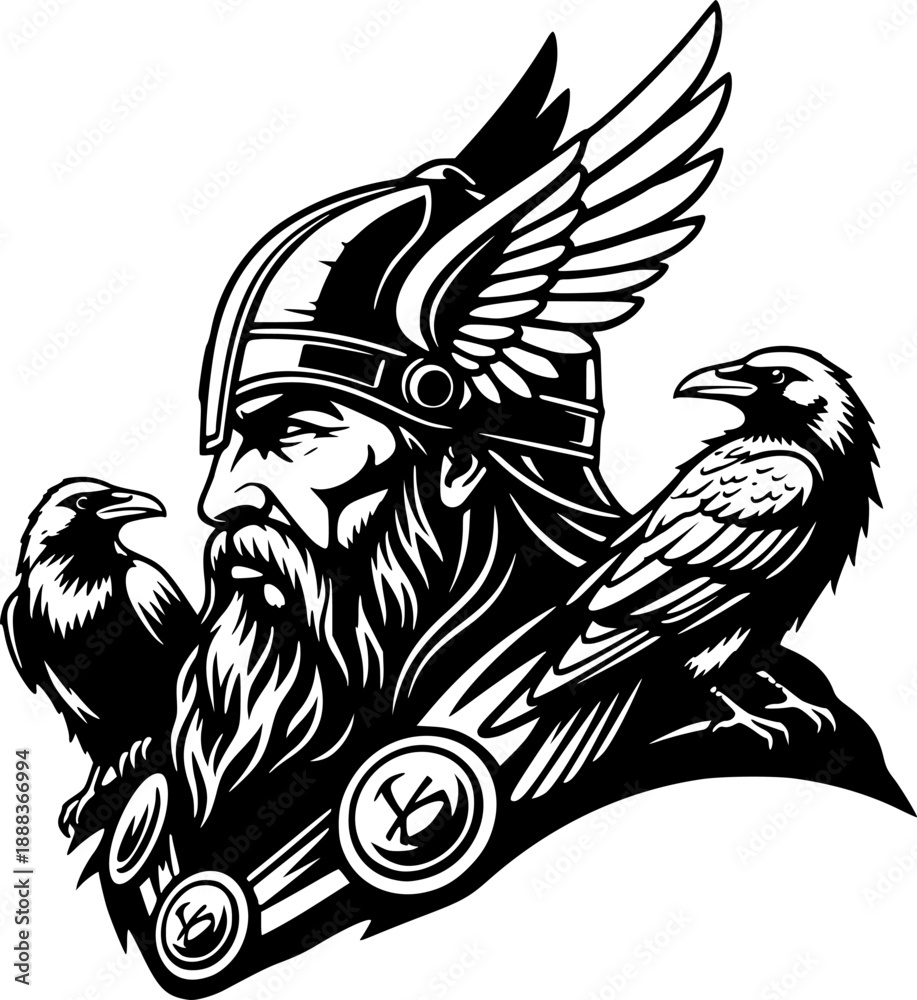 Obraz premium Odin with ravens vector black silhouette print design 