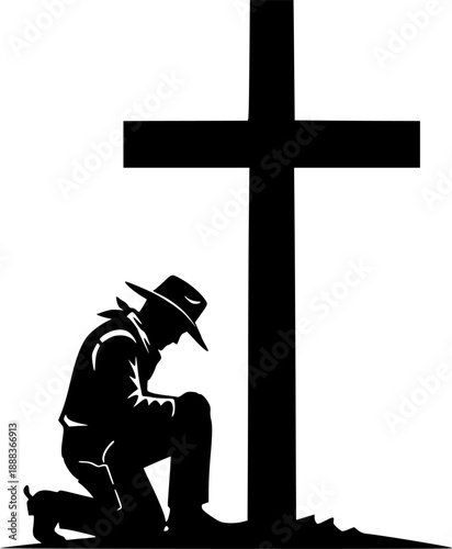 Cowboy kneeling at cross vector black silhouette print design
