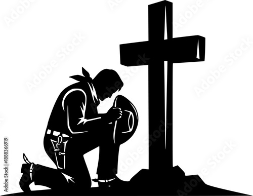 Cowboy kneeling at cross vector black silhouette print design
