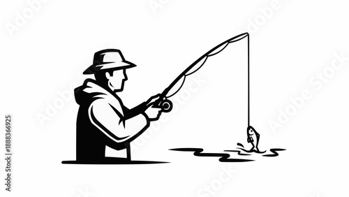 Fisherman wearing hat and jacket catches fish on fishing rod.