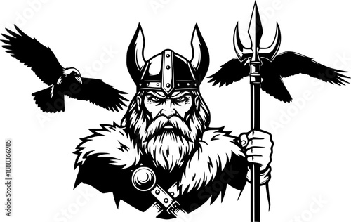 Odin with ravens vector black silhouette print design
