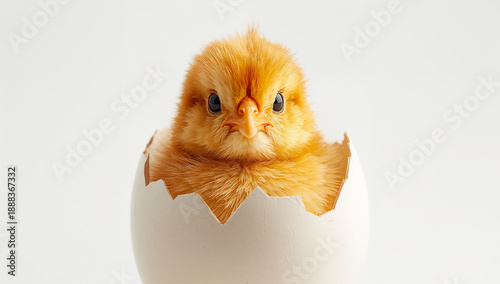 孵化直後のひよこが白い卵から出てくる瞬間、春の明るさを感じる動物素材.生成AI