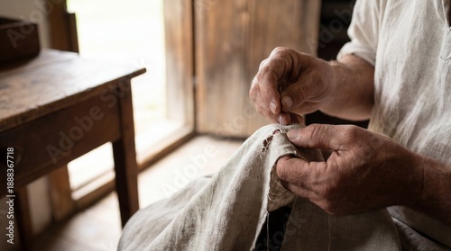 Close-up of elderly male hands meticulously hand sewing rustic linen fabric