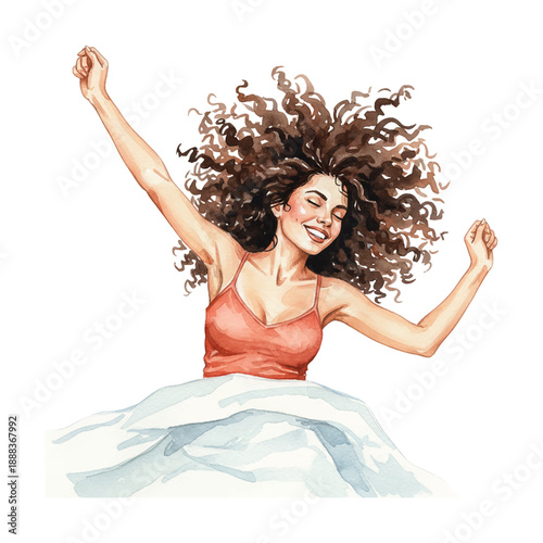 Joyful Caucasian woman stretching happily in bed with arms raised and eyes closed a blissful morning watercolor illustration