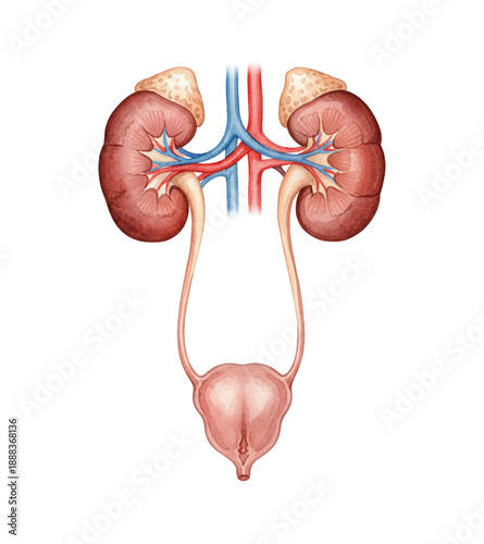 Human Urinary System Organs Anatomy with Kidneys Ureters and Bladder Detailed Medical Illustration