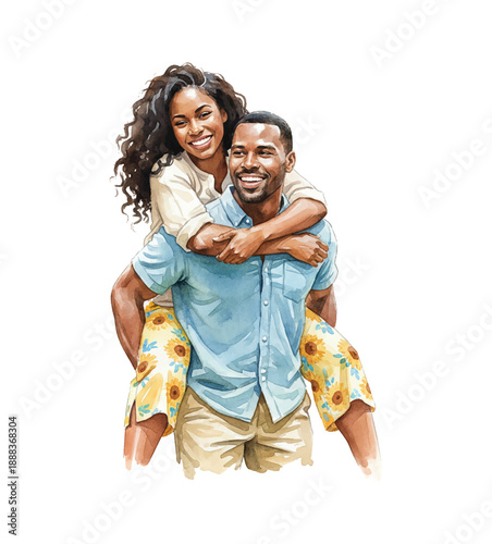 Happy African American man giving joyful woman a piggyback ride both smiling with cheerful expressions