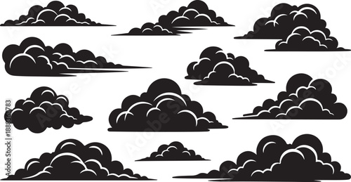 Black clouds on white background in cartoon style illustration