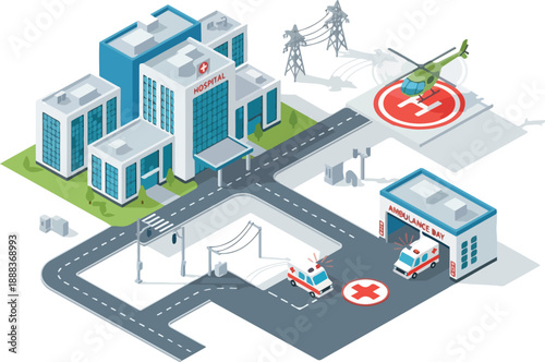 Hospital Complex Vector Illustration with Emergency Services and Helipad